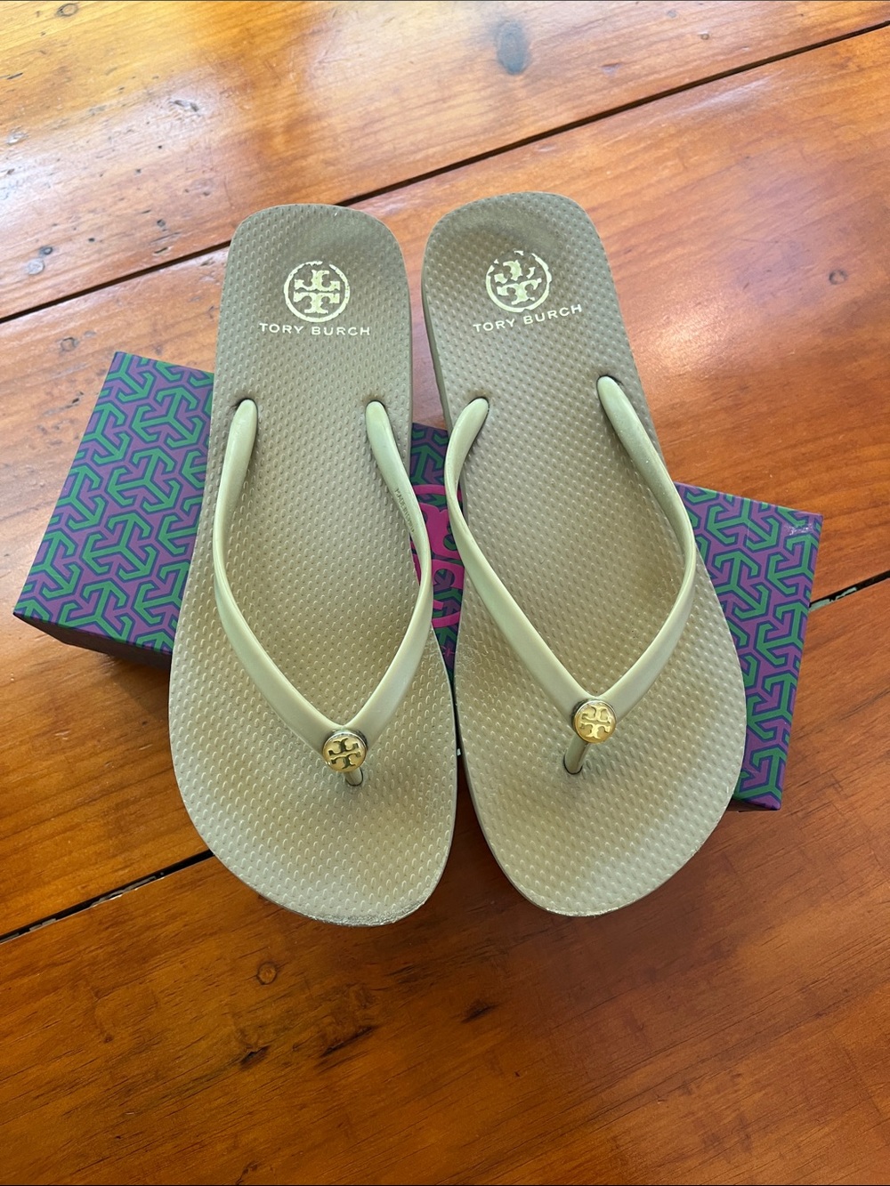 Tory Burch Italian Khaki Logo Flip Flop Sandals
